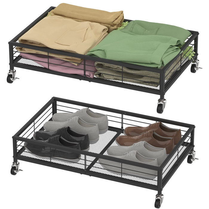Rebrilliant Under Bed Storage Rack Set 2 Metal Rolling Drawer Shoe